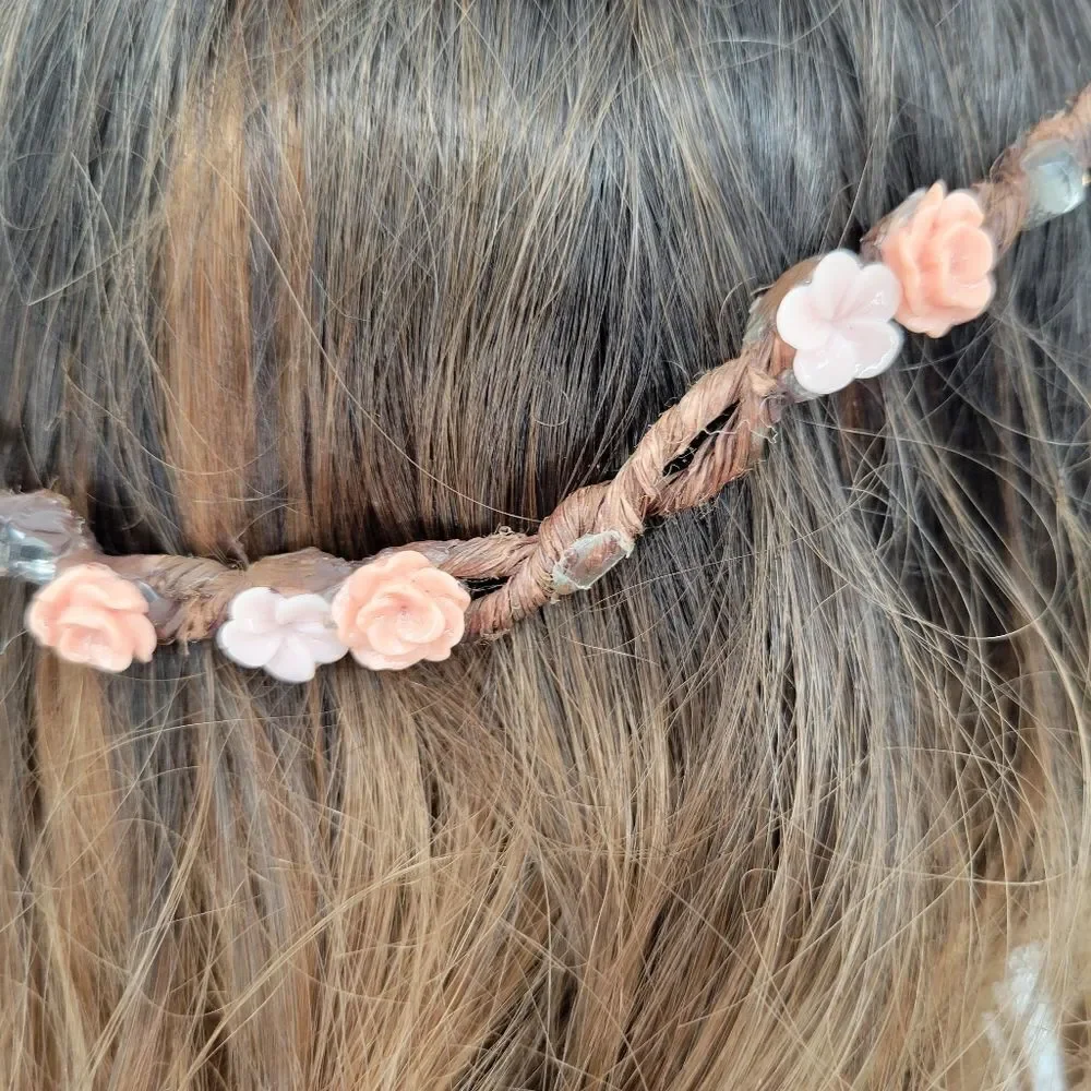 Floral Braided Headband Crown with Pink and Peach Flowers Bohi Hippie Festival